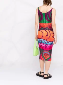 ( Nouvelle Collection ) Versace Robe Plissée à Logo Imprimé 5R010 ORANGE MULTICOLOR -Pas Cher Versace Boutique 17333829 38678318 600