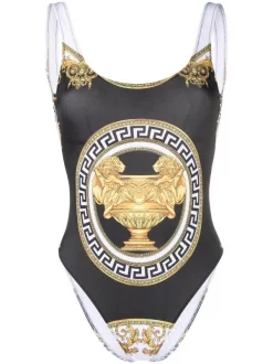 ( Nouvelle Collection ) Versace Maillot De Bain à Imprimé Greek Key 5W170 WHITE+GOLD+BLACK