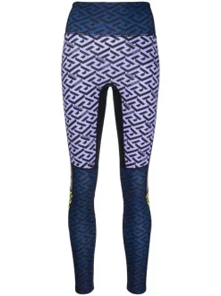 ( Nouvelle Collection ) Versace 6U680 BLUNAVY+ORCHID+PINEAPPLE Legging Colour Block à Imprimé Greca Femme