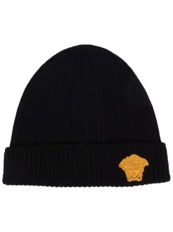 Versace 1B000 BLACK Bonnet Nervuré à Logo Medusa Femme