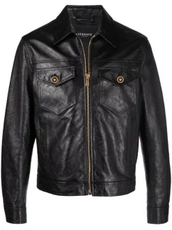 ( Nouvelle Collection ) Versace Veste La Greca En Cuir 1B000 BLACK