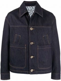 ( Nouvelle Collection ) Versace 2D340 BLU+PRINT Veste En Jean à Coutures Contrastantes Homme