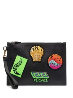 ( Nouvelle Collection ) Versace 6B12V BLACK+MULTICOLOR-VERSACEGOLD Pochette à Patch Logo Homme