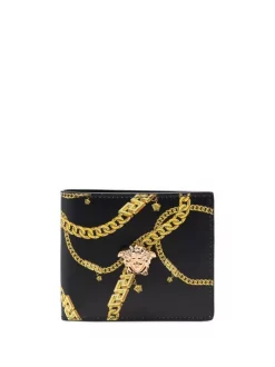 ( Nouvelle Collection ) Versace 5B00V BLACK GOLD VERSACE GOLD Portefeuille En Cuir à Imprimé Chaîne Homme