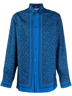 ( Nouvelle Collection ) Versace 5U290 SAPPHIRE BLACK Chemise Greca En Soie à Logo Imprimé Homme