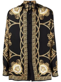 ( Nouvelle Collection ) Versace Chemise En Soie à Imprimé Baroque 5B090 BLACK GOLD
