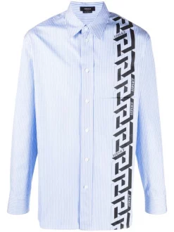 ( Nouvelle Collection ) Versace Chemise Imprimée Greca à Fines Rayures 2W050 BLUE