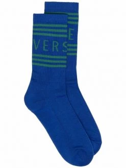 ( Nouvelle Collection ) Versace 2UA10 SAPPHIRE+NEON GREEN Chaussettes Nervurées à Logo Imprimé Homme