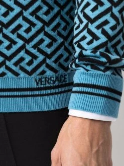 ( Nouvelle Collection ) Versace Pull Greca En Maille Intarsia 5V100 SKY+BLACK -Pas Cher Versace Boutique 17335342 36617704 600