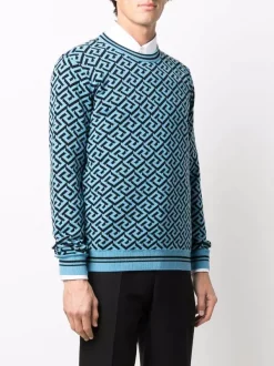 ( Nouvelle Collection ) Versace Pull Greca En Maille Intarsia 5V100 SKY+BLACK -Pas Cher Versace Boutique 17335342 36618306 600