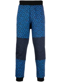 ( Nouvelle Collection ) Versace 5U040 BLUE NAVY+PRINT Pantalon De Jogging La Greca à Design Colour Block Homme