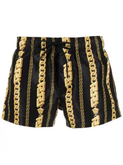 ( Nouvelle Collection ) Versace 5B000 NERO + ORO Short De Bain Greca à Imprimé Chaine Homme
