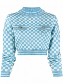 ( Nouvelle Collection ) Versace Pull Crop à Damier 2V450 SKY+MINT