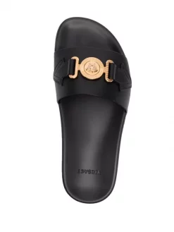 Versace Claquettes En Cuir à Plaque Logo KVO41 BLACK + VERSAGE GOLD -Pas Cher Versace Boutique 17678833 38407417 600