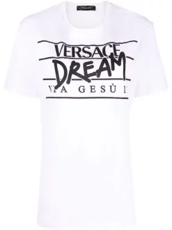 ( Nouvelle Collection ) Versace 2W020 WHITE+BLACK T-shirt à Slogan Imprimé Femme