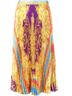 ( Nouvelle Collection ) Versace Jupe Plissée à Motif Barocco Goddess 5L290 DARK ORCHID+SUN