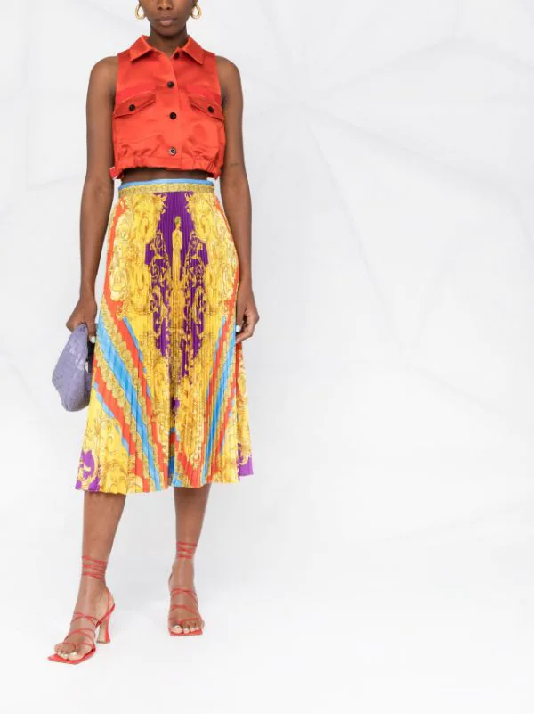 ( Nouvelle Collection ) Versace Jupe Plissée à Motif Barocco Goddess 5L290 DARK ORCHID+SUN 2 ( Nouvelle Collection ) Versace Jupe Plissée à Motif Barocco Goddess 5L290 DARK ORCHID+SUN – Image 2