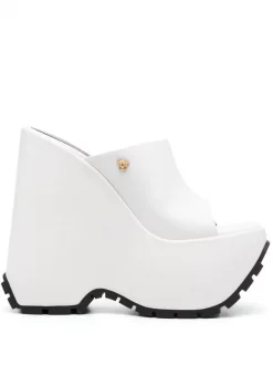 ( Nouvelle Collection ) Versace Mules Triplatform En Cuir 1W00V BIANCO OTTICO-ORO VERSACE