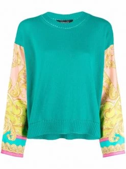 ( Nouvelle Collection ) Versace 1V560 TURQUOISE Pull Medusa Renaissance à Manches Contrastantes Femme