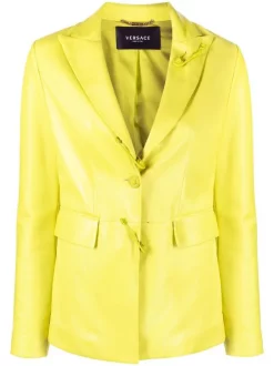 ( Nouvelle Collection ) Versace Veste En Cuir à Détail Medusa Safety Pin 1GB00 CITRON