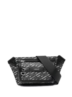 Versace 5B05E BLACK + GREY - RUTHENIUM Sac Banane En Cuir à Logo Imprimé Homme