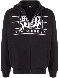 ( Nouvelle Collection ) Versace 1B000 BLACK Hoodie Zippé à Logo Imprimé Homme