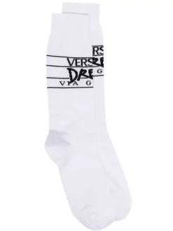 ( Nouvelle Collection ) Versace 2W020 WHITE BLACK Chaussettes Dream à Logo Imprimé Femme