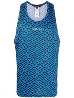 ( Nouvelle Collection ) Versace 6U700 BLUE Débardeur à Imprimé La Greca Homme