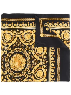Versace 5B000 BLACK+GOLD Foulard En Soie à Imprimé Baroque Femme