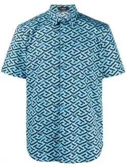( Nouvelle Collection ) Versace 5V100 SKY + BLACK Chemise La Greca à Manches Courtes Homme