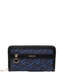 Versace 5U18V BLUNAVY BLACK Portefeuille Zippé à Imprimé Greca Homme