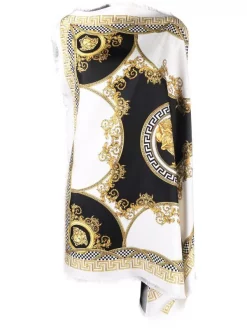 ( Nouvelle Collection ) Versace Caftan Imprimé Greca Sans Manches 5W170 WHITE + GOLD + BLACK