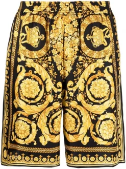 ( Nouvelle Collection ) Versace 5B000 BLACK + GOLD Bermuda En Soie à Imprimé Baroque Homme