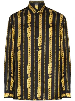 ( Nouvelle Collection ) Versace 5B000 BLACK GOLD Chemise En Soie à Imprimé Greca Homme