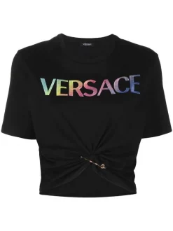 Versace 2B070 BLACK + MULTICOLOR T-shirt Crop à Détail D'épingle Femme