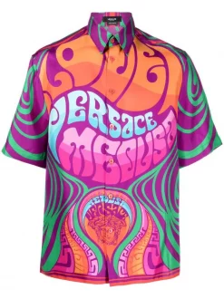 ( Nouvelle Collection ) Versace Chemise En Soie à Imprimé Medusa Music 5R010 ORANGE MULTICOLOR