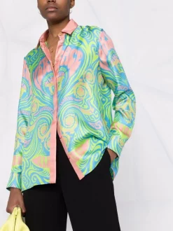 ( Nouvelle Collection ) Versace 5G130 NEON GREEN + SKY Chemise En Soie à Imprimé Medusa Music Femme -Pas Cher Versace Boutique 17981419 38009176 600