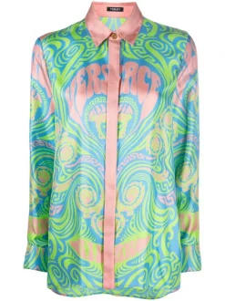 ( Nouvelle Collection ) Versace 5G130 NEON GREEN + SKY Chemise En Soie à Imprimé Medusa Music Femme