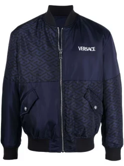 ( Nouvelle Collection ) Versace 5U040 NAVY Veste Bomber à Motif La Greca Signature Homme