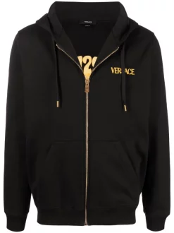 ( Nouvelle Collection ) Versace 1B000 BLACK Hoodie Zippé à Logo Brodé Homme