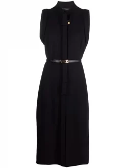 ( Nouvelle Collection ) Versace 1B000 BLACK Robe Mi-longue Sans Manches à Taille Ceinturée Femme
