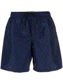 ( Nouvelle Collection ) Versace 5U280 NAVY + BLACK Short De Bain Greca à Logo Imprimé Homme