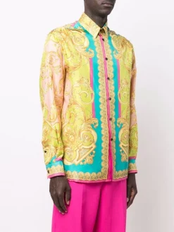 ( Nouvelle Collection ) Versace 5P370 MAUVELOUS+CITRON Chemise En Soie à Imprimé Barocco Homme -Pas Cher Versace Boutique 18152944 38595240 600