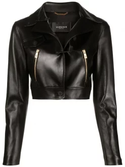 ( Nouvelle Collection ) Versace Veste Crop Safety Pin En Cuir 1B000 BLACK