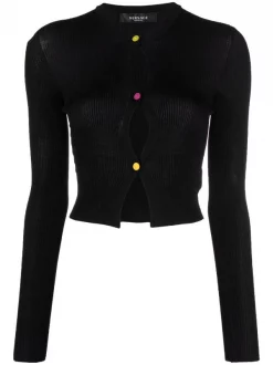 ( Nouvelle Collection ) Versace 1B000 BLACK Cardigan Nervuré à Coupe Crop Femme
