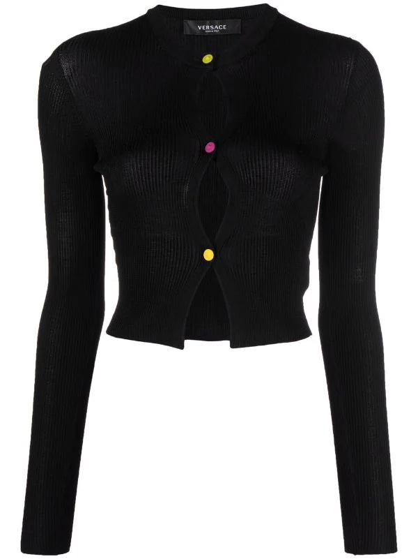 ( Nouvelle Collection ) Versace 1B000 BLACK Cardigan Nervuré à Coupe Crop Femme 1 ( Nouvelle Collection ) Versace 1B000 BLACK Cardigan Nervuré à Coupe Crop Femme