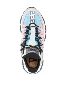 ( Nouvelle Collection ) Versace Baskets à Design à Empiècements 6E220 ARGENTO SKY BRIGHT CORAL -Pas Cher Versace Boutique 18195753 38848568 600