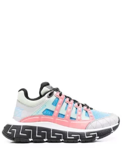 ( Nouvelle Collection ) Versace Baskets à Design à Empiècements 6E220 ARGENTO SKY BRIGHT CORAL