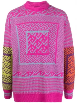 ( Nouvelle Collection ) Versace 6X110 PINK PURPLE Pull La Greca En Maille Intarsia Homme