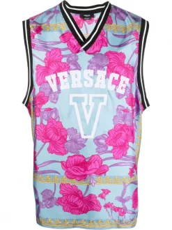 ( Nouvelle Collection ) Versace Débardeur à Fleurs 5V250 Cornflower+stampa